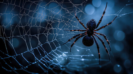 A spooky spider web with a black spider, isolated against a dark background.