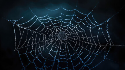 Isolated in the shadows, the spooky spider web adorned with shimmering dewdrops evokes a sense of mystery, as the droplets catch the faintest glimmer.