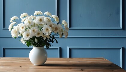 Wall Mural - Elegant white flower vase displayed on a table against a serene blue wall backdrop