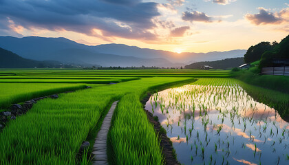 Capture the essence of rice paddies blending with the sky