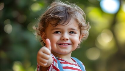 Wall Mural - Joyful child beaming with a thumbs up gesture, radiating happiness and positivity