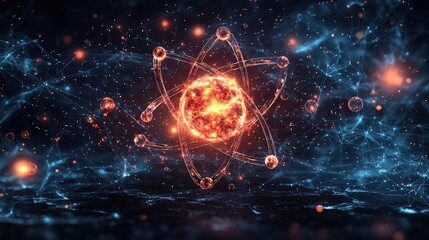 Poster - Abstract Atomic Structure with Glowing Particles and Network Connections