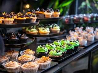 Haunted dessert station featuring gory eyeball cupcakes glowing green slime cakes