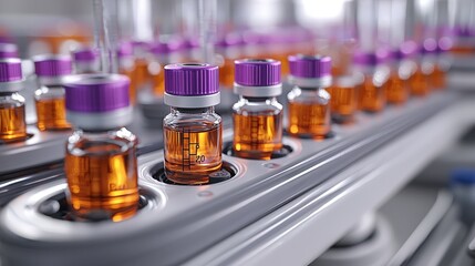 Poster - Laboratory Glass Vials With Orange Liquid on Conveyor Belt