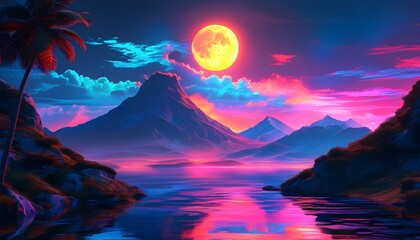 Wall Mural - Futuristic neon landscape featuring mountains and a glowing moon