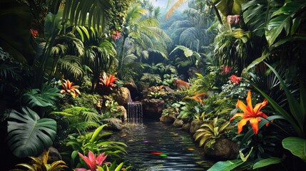 An incredibly detailed and lifelike photo of a lush, tropical rainforest, filled with lush vegetation, exotic flowers, and a vibrant array of wildlife