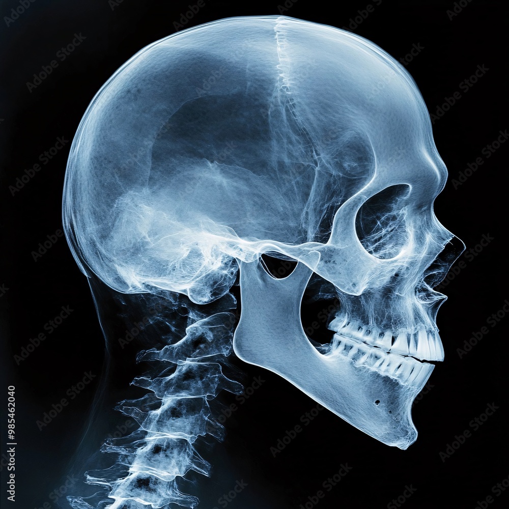 A detailed X-ray image showing the side view of a human skull and ...
