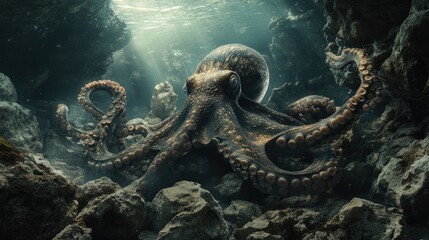 A giant octopus camouflaged against the rocks in an underwater cave, its tentacles stretching out into the murky depths