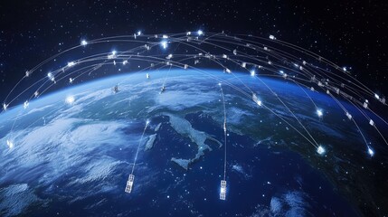 An array of satellites orbiting Earth, creating a global network for internet and communication services, with lines connecting various points on the planet