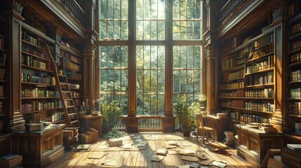 Wall Mural - Sunlit Library with Bookshelves and Large Windows