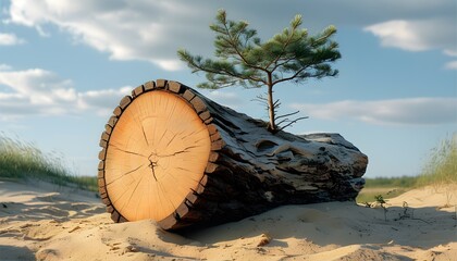 Wall Mural - Log nestled in sand with a vibrant tree sprouting from its surface