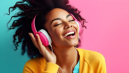 Wall Mural - Joyful woman immersed in music against a vibrant backdrop, inspiring a celebration of sound with headphones