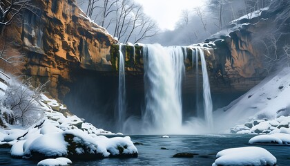 Majestic waterfall cascading through a winter wonderland of snow-covered rocks