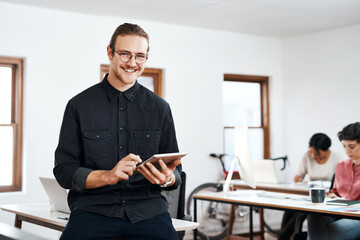 Canvas Print - Portrait, tablet and happy business man in creative startup for promo email, scroll and research. Face, digital technology and employee coworking or campaign manager design ads for brand of glasses