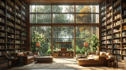 Poster - Spacious Library with Floor-to-Ceiling Bookshelves and Natural Light