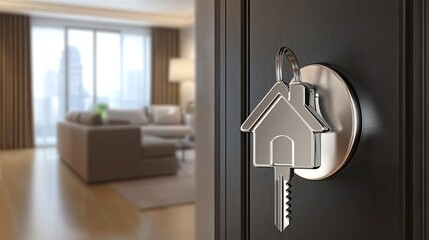 Key with House Shaped Keychain: Key with a house-shaped keychain in a door lock, with a modern living room in the background, representing real estate and home ownership.