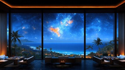 Wall Mural - Luxury Resort Room with Breathtaking Ocean View and Starry Night Sky