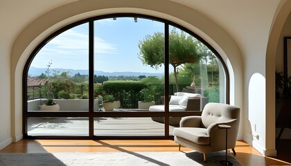 Wall Mural - Cozy living room with armchairs beside an arched panoramic window showcasing a beautiful terrace view