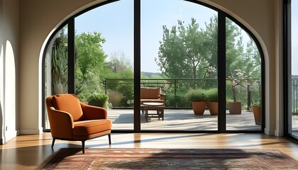 Wall Mural - Cozy living room with armchairs beside an arched panoramic window showcasing a beautiful terrace view