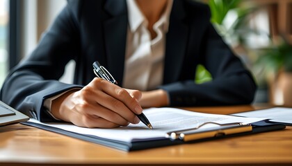 Wall Mural - Business professional signing contract document at desk with pen and folder, emphasizing commitment and agreement in a corporate environment