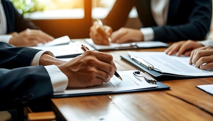 Wall Mural - Business professional signing contract document at desk with pen and folder, emphasizing commitment and agreement in a corporate environment