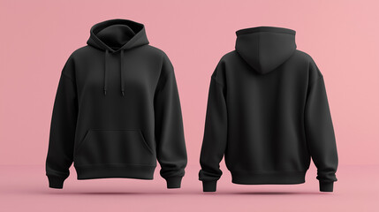 Poster - mockup black hoodie, pink pastel background, back and front view, Ai generated images