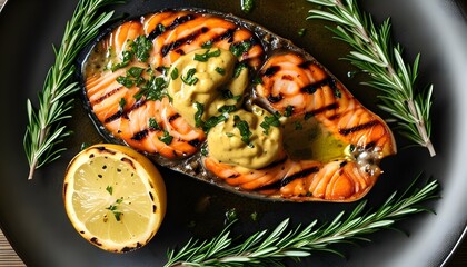 Wall Mural - Savory baked salmon steak with wholegrain mustard, lemon, and rosemary beautifully presented on a plate in a top view flat lay shot