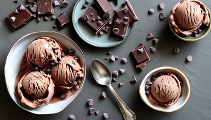 Wall Mural - Homemade chocolate ice cream with chocolate chips displayed in a flat lay tutorial for delicious dessert inspiration