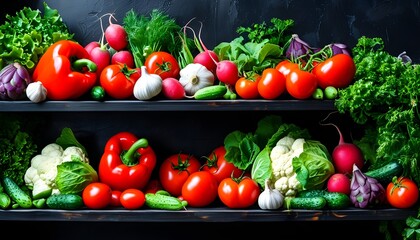 Wall Mural - Vibrant Vegetable Arrangement Highlighted Against Dark Backdrop