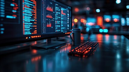Modern Workplace with Computer, Keyboard, and Coffee Mug