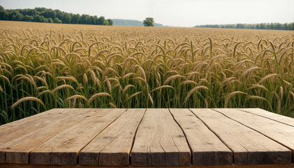 Empty wooden table with wheat field background, product display montage 