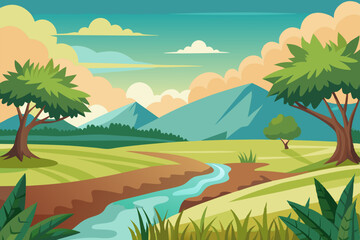 Canvas Print - Vector illustration Cartoon flat summer mountains landscape with green hills pine forest and river