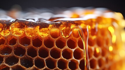 Wall Mural - Close-up of honeycomb dripping with golden honey.