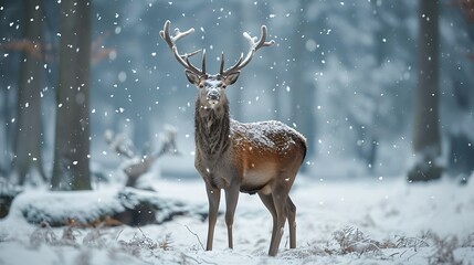 Noble deer male standing tall in a snow-covered winter forest, soft snowfall around, peaceful and serene atmosphere