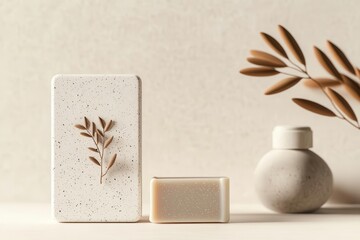 Minimalist decor with natural elements, featuring a textured card, soap, and vase, perfect for aesthetic inspirations.