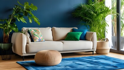 Wall Mural - Tranquil Living Room Oasis with Green Plant, Beige Sofa, and Vibrant Cushions on Blue Carpet