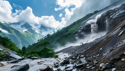 Wall Mural - Devastating Landscape of Landslides in Mountainous Terrain After Intense Rainfall