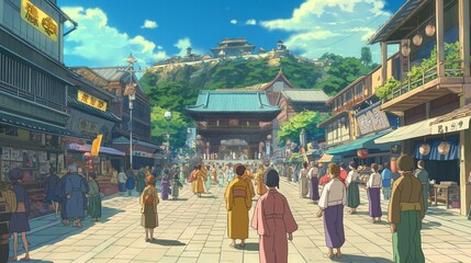 Wall Mural - beautiful anime background of the street with many people walk