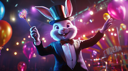 A rabbit in a tuxedo and top hat, holding a magic wand, performing tricks on a circus stage with colorful lights and balloons