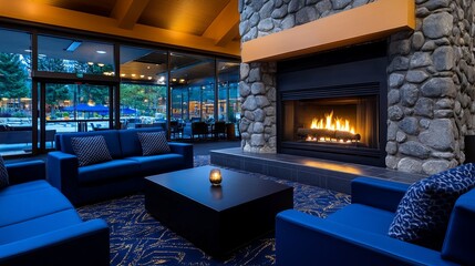 Wall Mural - Cozy Lounge with Stone Fireplace and Modern Furniture