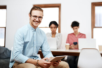 Poster - Tablet, happy and businessman in office for startup creative company for public relations career. Smile, team and male communications manager with digital technology for brand management in workplace