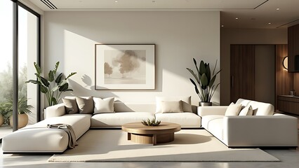 A modern living room featuring minimalist furniture, creating a sleek and uncluttered space. The neutral color palette and clean lines enhance the serene atmosphere for relaxation.