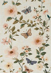 Sticker - A charming cottagecore-inspired fabric pattern with delicate flowers and whimsical butterflies