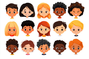 Wall Mural - Bundle of smiling faces of boys and girls with different hairstyles, skin colors and ethnicities. Colorful flat vector illustration isolated on white background