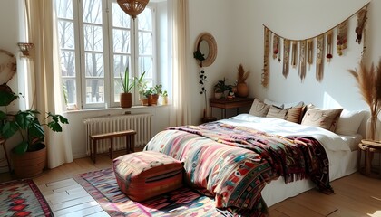 Wall Mural - Vibrant Boho Bedroom Featuring Vintage Accents and Expansive Natural Light