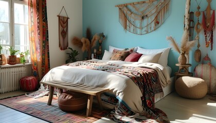 Wall Mural - Vibrant Boho Bedroom Featuring Vintage Accents and Expansive Natural Light