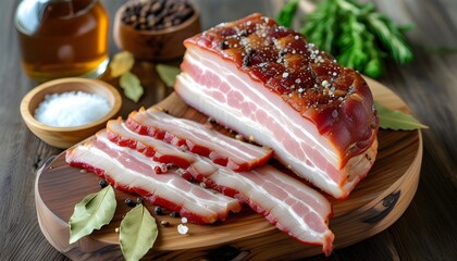 Wall Mural - Dry Cured Bacon Ingredients on Wooden Chopping Board with Pork Loin, Salt, Sugar, Peppercorns, Juniper Berries, and Bay Leaves in an Elevated View