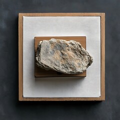 Canvas Print - A gray rock with brown streaks sits on a wooden platform, framed by a white mat and wood frame.