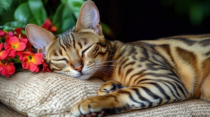 Sleeping Bengal Cat on a Burlap Cushion with Red Flowers