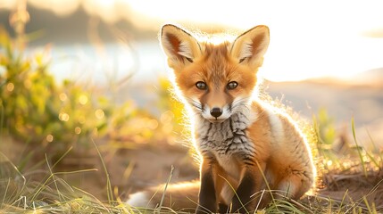 Playful wild baby red foxes nestled in the grass near a quiet beach, golden sunlight filtering through, Nova Scotia, June 2020